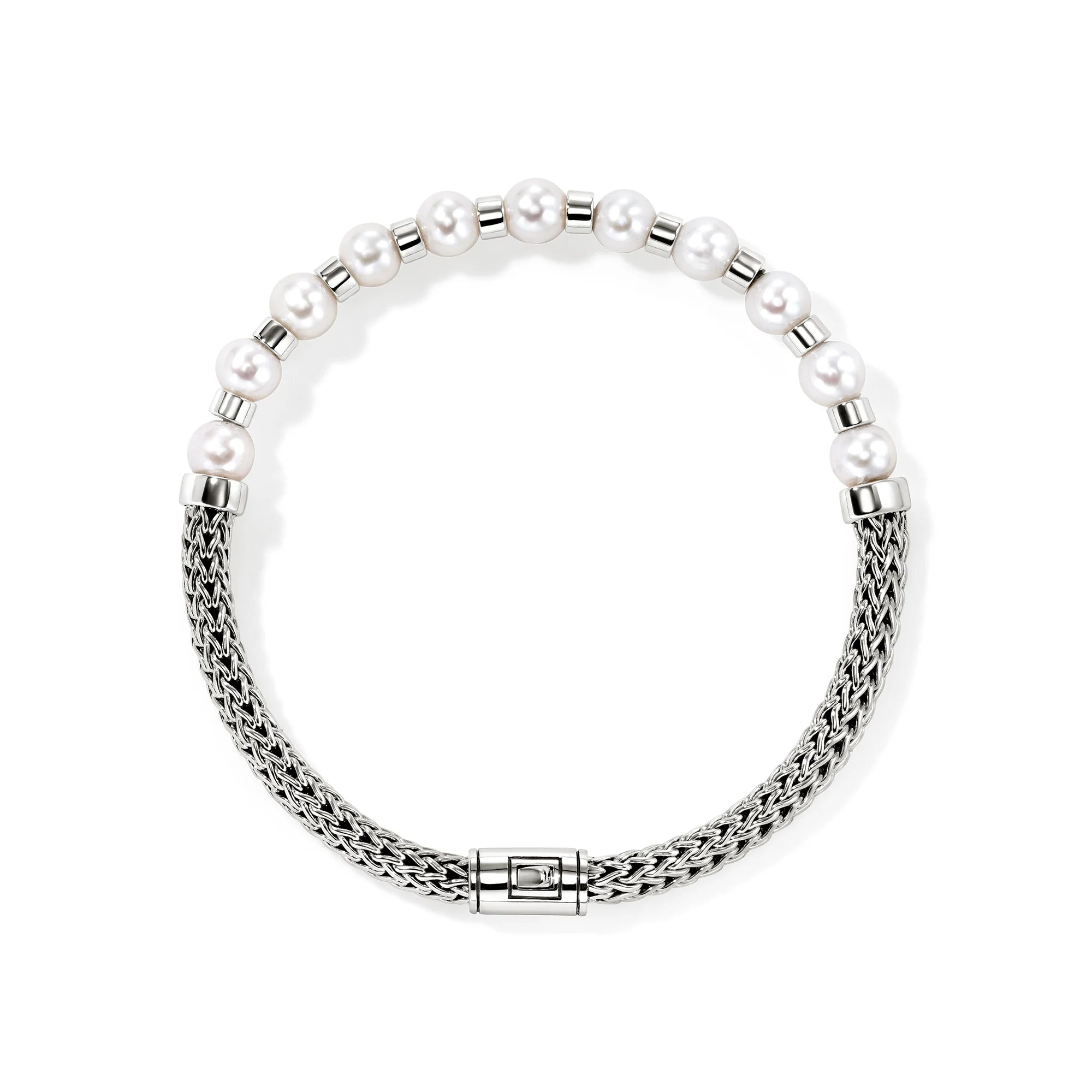 JOHN HARDY ESSENTIALS SILVER PEARL 5MM EXTRA SMALL CHAIN BRACELET WITH 5.5-6MM AND 6-6.5MM CULTURED FRESH WATER PEARLS WITH PUSHER CLASP SIZE M