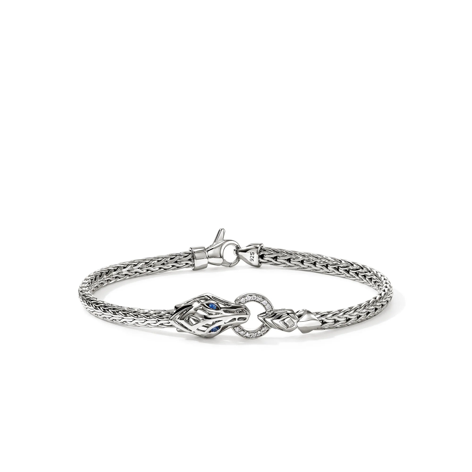 JOHN HARDY NAGA STERLING SILVER DIAMOND PAVE 0.04CT SLIM CHAIN BRACELET WITH BLUE SAPPHIRE EYES, SIZE MEDIUM