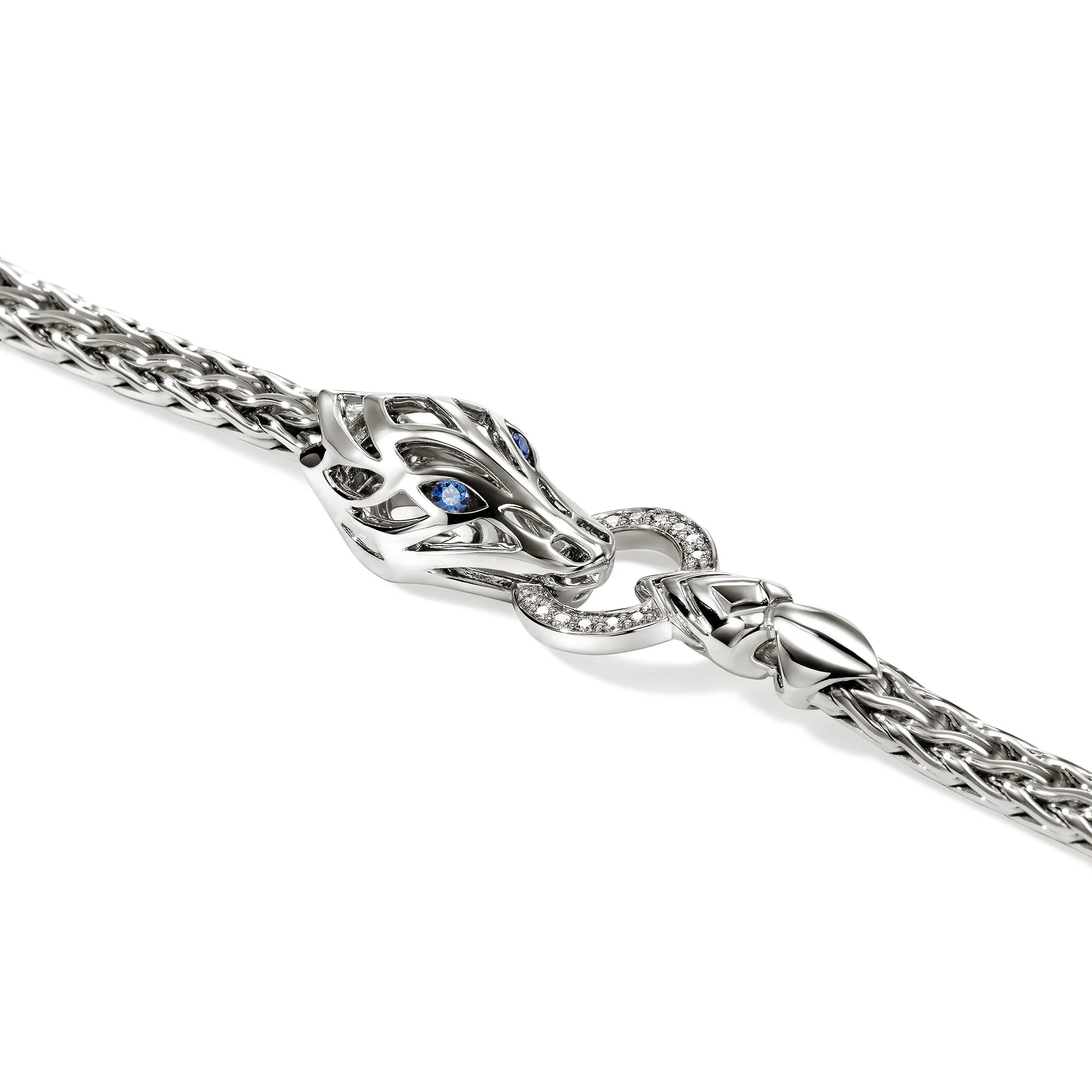 JOHN HARDY NAGA STERLING SILVER DIAMOND PAVE 0.04CT SLIM CHAIN BRACELET WITH BLUE SAPPHIRE EYES, SIZE MEDIUM