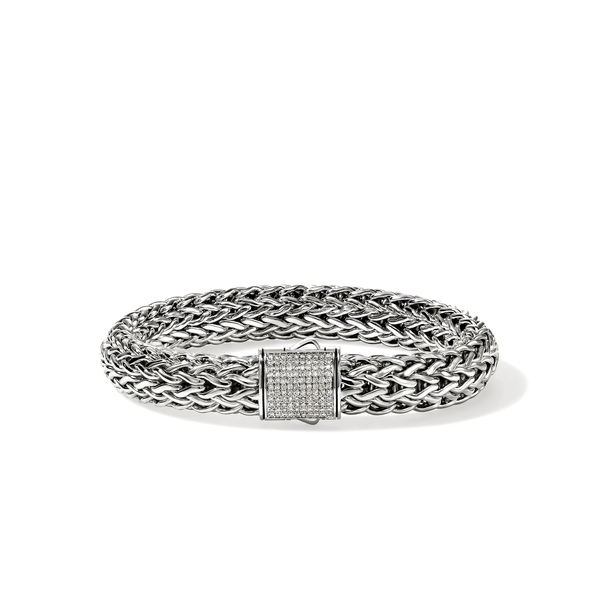 JOHN HARDY ICON 10.5MM STERLING SILVER BRACELET WITH DIAMOND PUSHER CLASP 0.55CT TW. SIZE MEDIUM