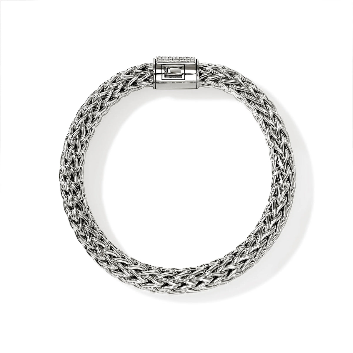 JOHN HARDY ICON 10.5MM STERLING SILVER BRACELET WITH DIAMOND PUSHER CLASP 0.55CT TW. SIZE MEDIUM