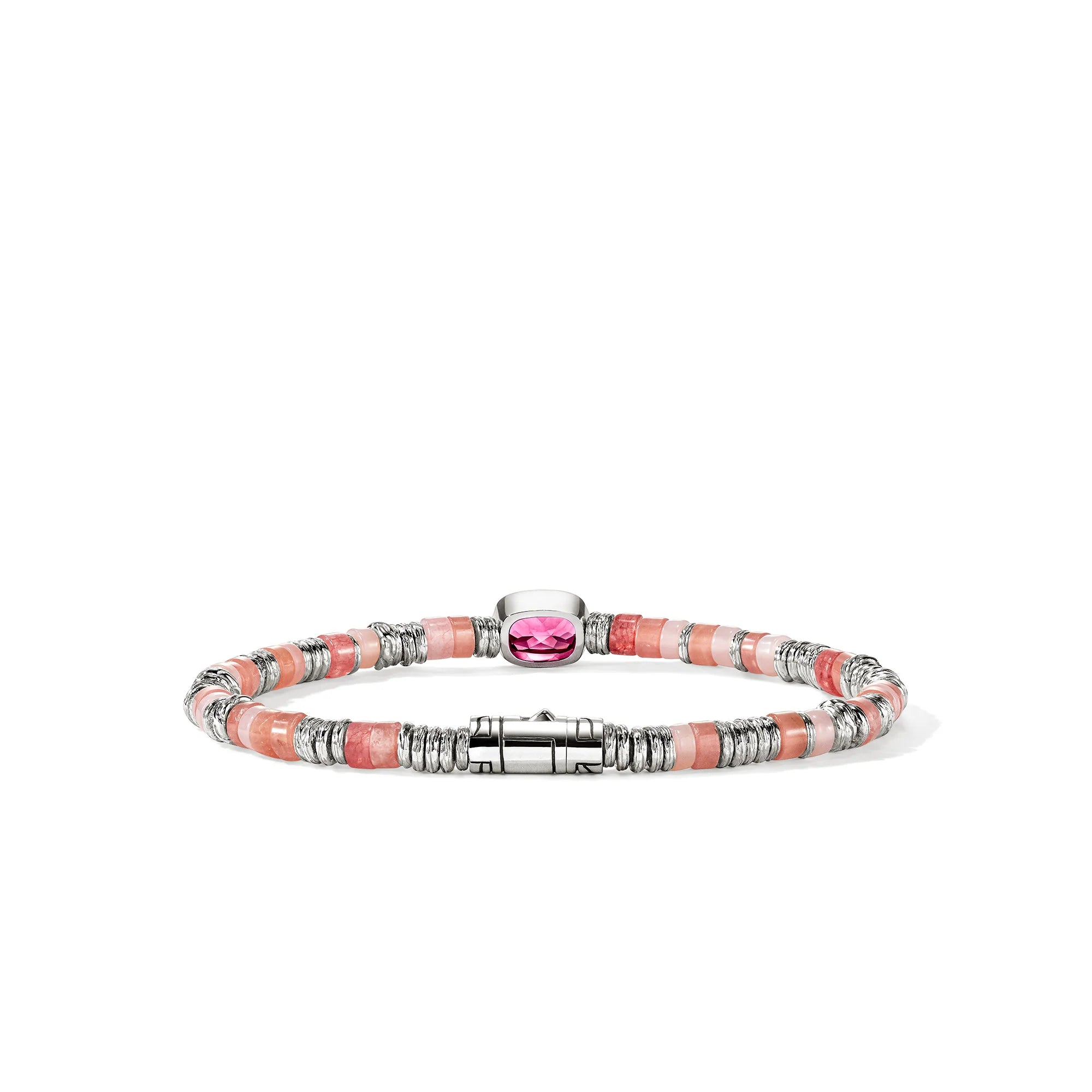 JOHN HARDY HEISHI STERLING SILVER BEAD BRACELET WITH 8 X 6MM RHODOLITE AND 4MM TREATED RED QUARTZ, RHODOCHROSITE AND PINK OPAL BEADS WITH PUSHER CLASP, SIZE MEDIUM