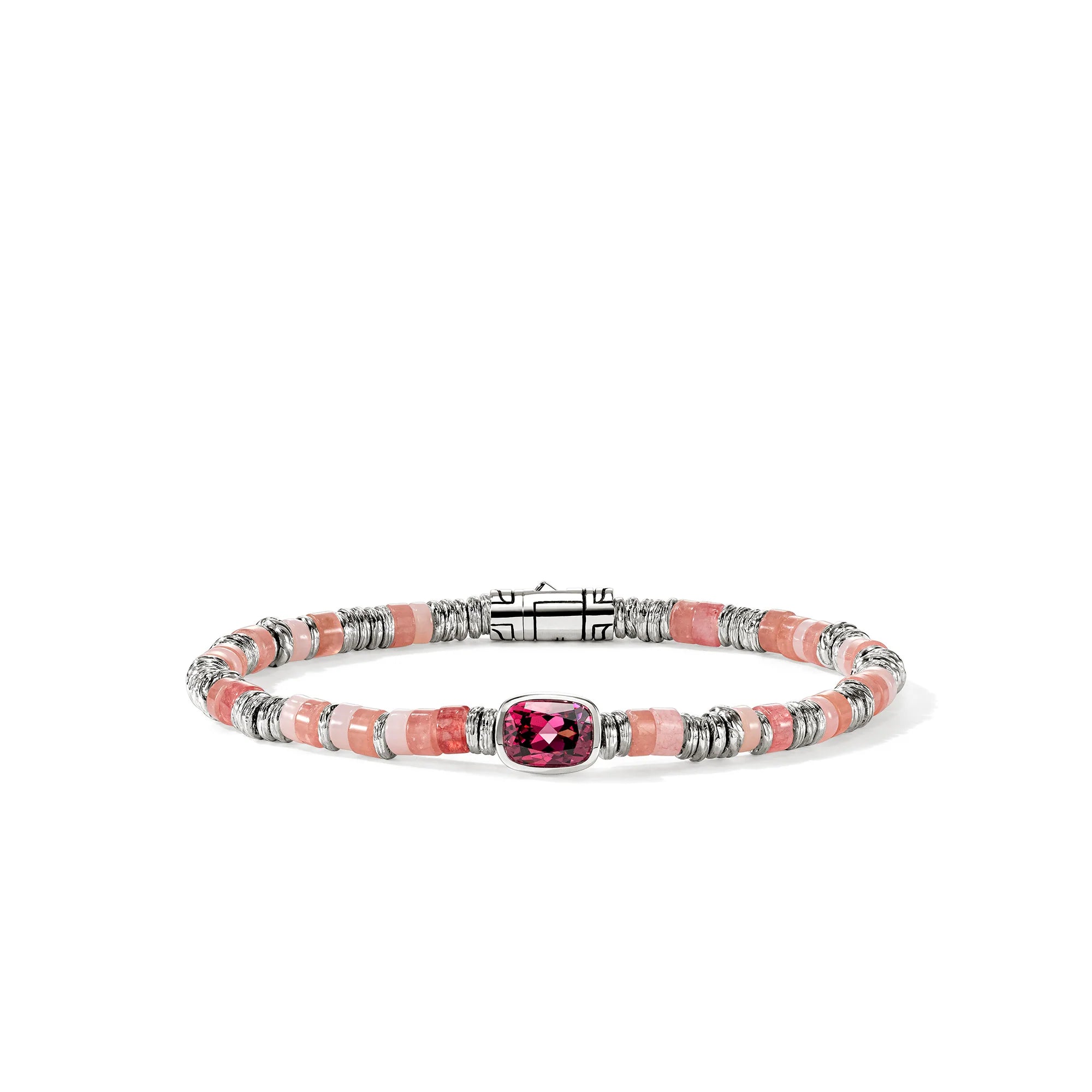 JOHN HARDY HEISHI STERLING SILVER BEAD BRACELET WITH 8 X 6MM RHODOLITE AND 4MM TREATED RED QUARTZ, RHODOCHROSITE AND PINK OPAL BEADS WITH PUSHER CLASP, SIZE MEDIUM