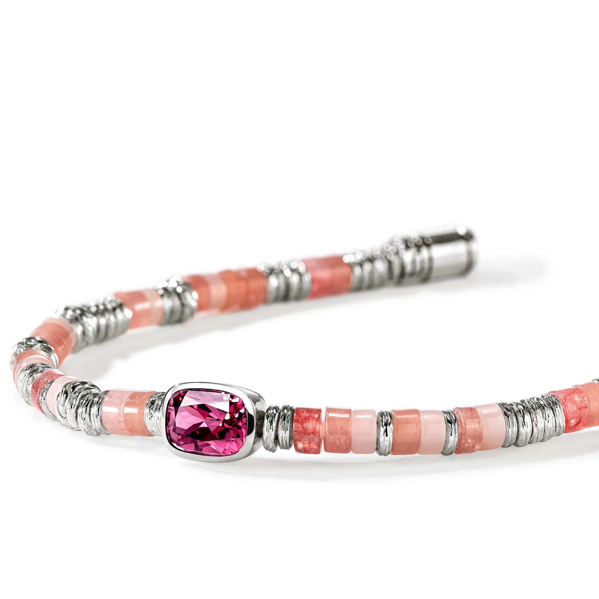 JOHN HARDY HEISHI STERLING SILVER BEAD BRACELET WITH 8 X 6MM RHODOLITE AND 4MM TREATED RED QUARTZ, RHODOCHROSITE AND PINK OPAL BEADS WITH PUSHER CLASP, SIZE MEDIUM