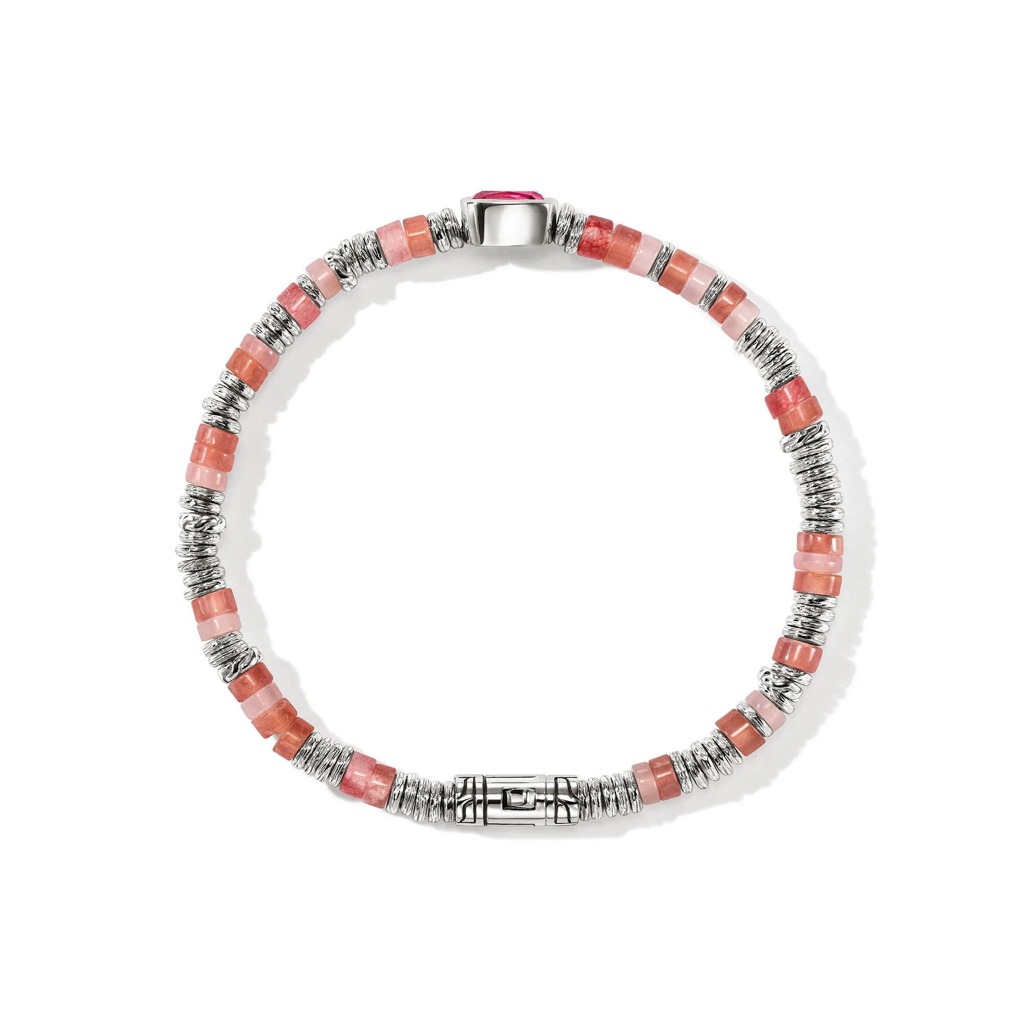 JOHN HARDY HEISHI STERLING SILVER BEAD BRACELET WITH 8 X 6MM RHODOLITE AND 4MM TREATED RED QUARTZ, RHODOCHROSITE AND PINK OPAL BEADS WITH PUSHER CLASP, SIZE MEDIUM