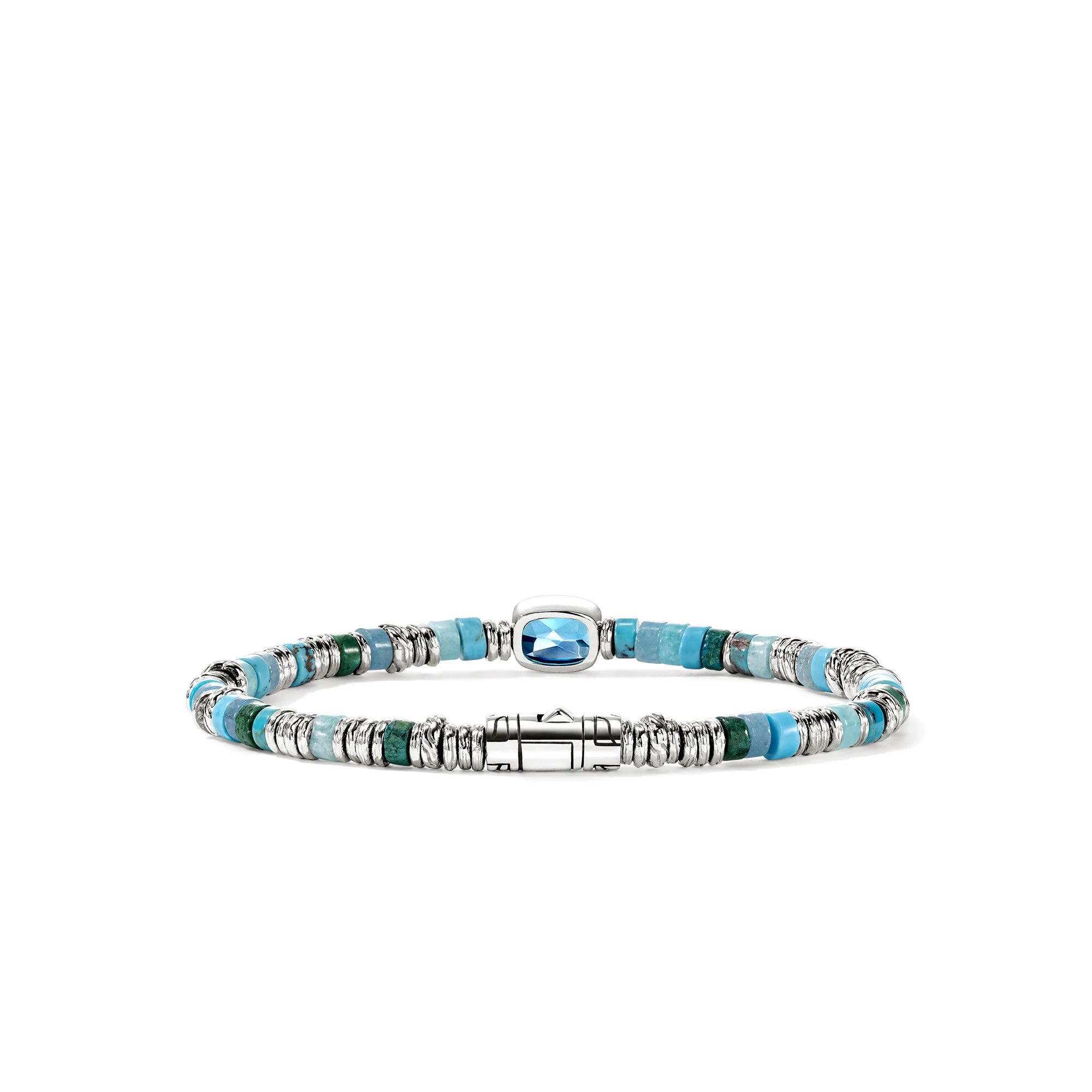 JOHN HARDY HESHI STERLING SILVER BEAD BRACELET WITH 8 X 6 TREATED SWISS BLUE TOPAZ AND 4MM TREATED TURQUOISE, BLUE QUARTZ, AMAZONITE, TREATED BLUE MAGNESITE AND TREATED GREEN CHRYSOCOLLA BEADS WITH PUSHER CLASP. SIZE MEDIUM