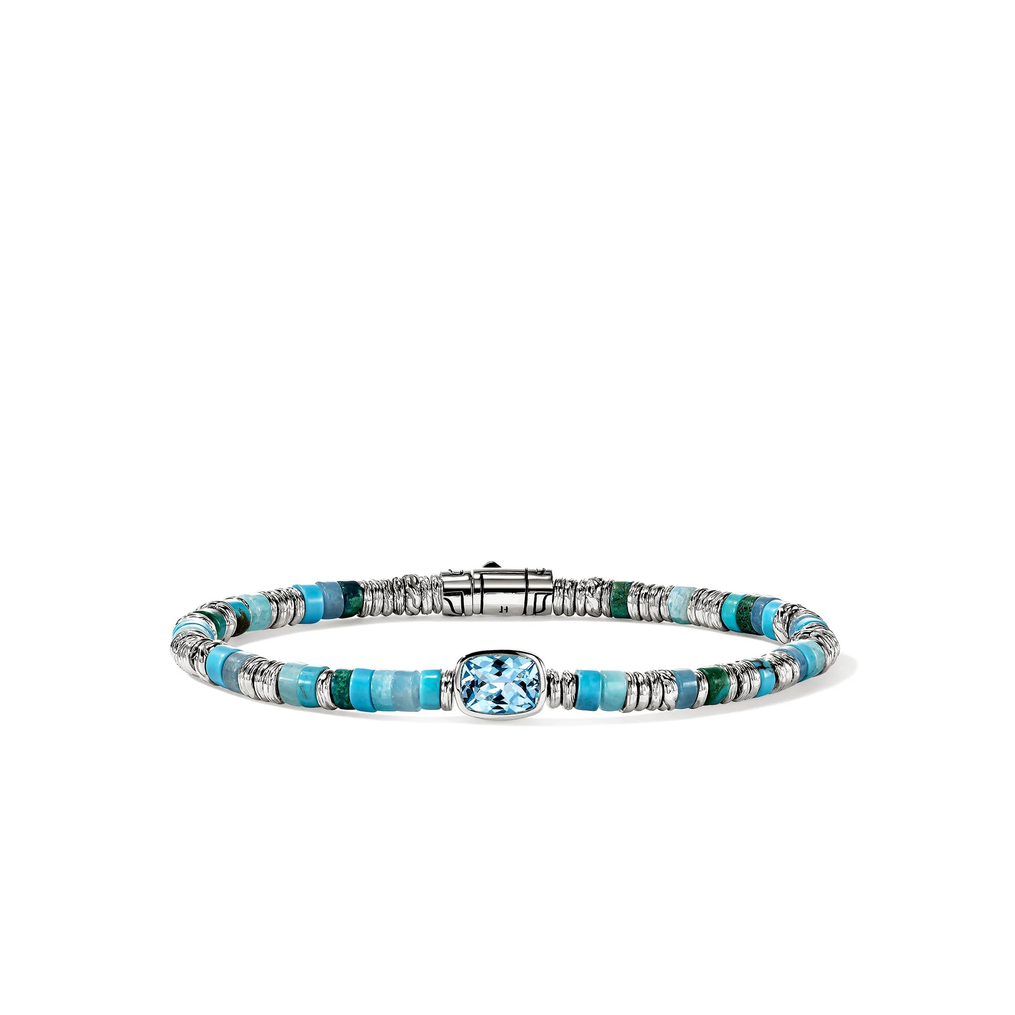 JOHN HARDY HESHI STERLING SILVER BEAD BRACELET WITH 8 X 6 TREATED SWISS BLUE TOPAZ AND 4MM TREATED TURQUOISE, BLUE QUARTZ, AMAZONITE, TREATED BLUE MAGNESITE AND TREATED GREEN CHRYSOCOLLA BEADS WITH PUSHER CLASP. SIZE MEDIUM