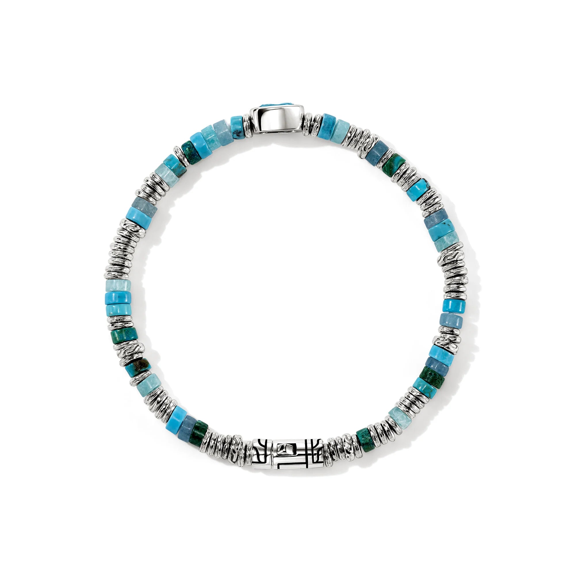 JOHN HARDY HESHI STERLING SILVER BEAD BRACELET WITH 8 X 6 TREATED SWISS BLUE TOPAZ AND 4MM TREATED TURQUOISE, BLUE QUARTZ, AMAZONITE, TREATED BLUE MAGNESITE AND TREATED GREEN CHRYSOCOLLA BEADS WITH PUSHER CLASP. SIZE MEDIUM
