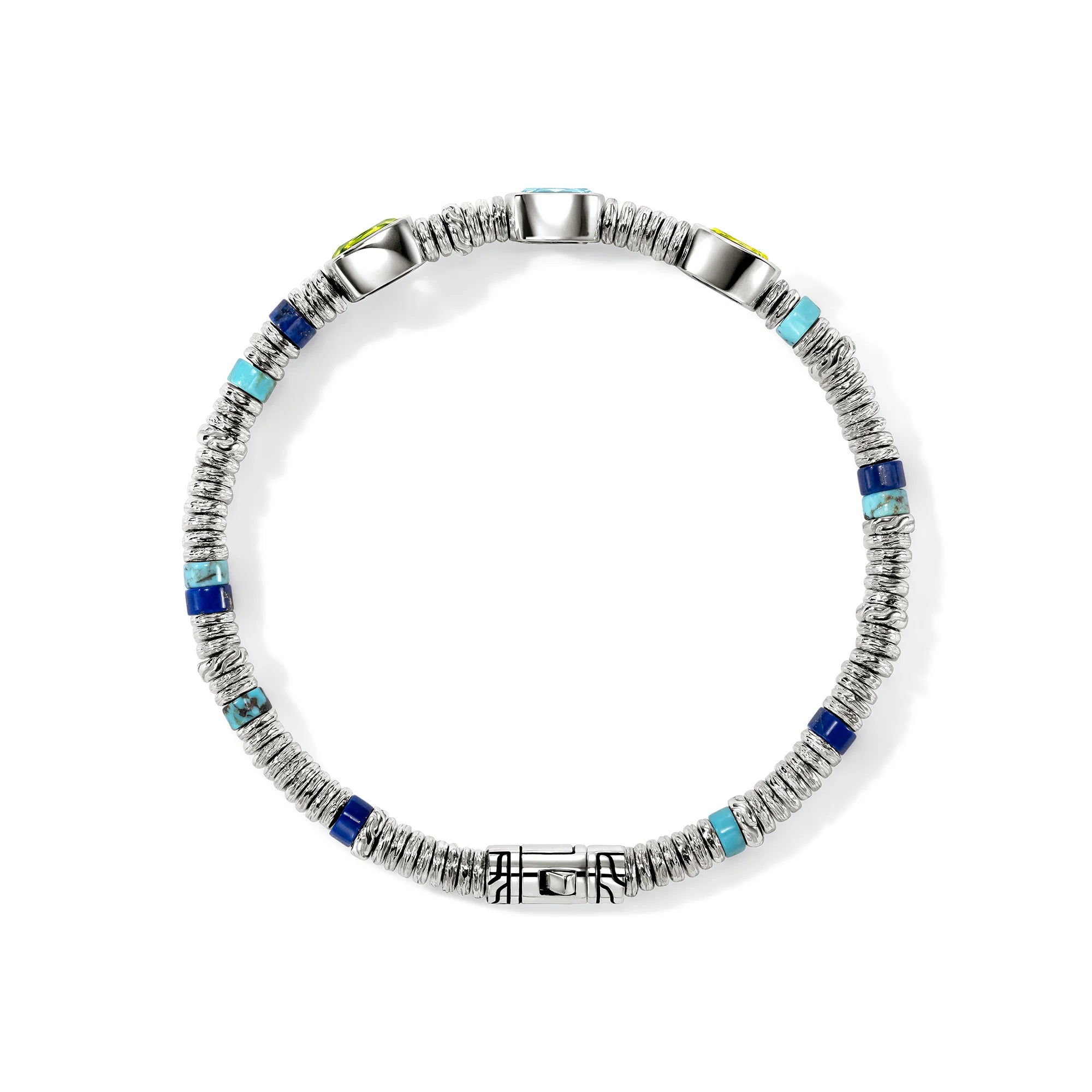 JOHN HARDY HESHI STERLING SILVER BEAD BRACELET WITH 8X6MM PERIDOT, TREATED SKY BLUETOPAZ, LEMON QUARTZ, AND 4MM LAPIS AND TREATED TURQUOISE BEADS WITH PUSHER CLASP. SIZE MEDIUM
