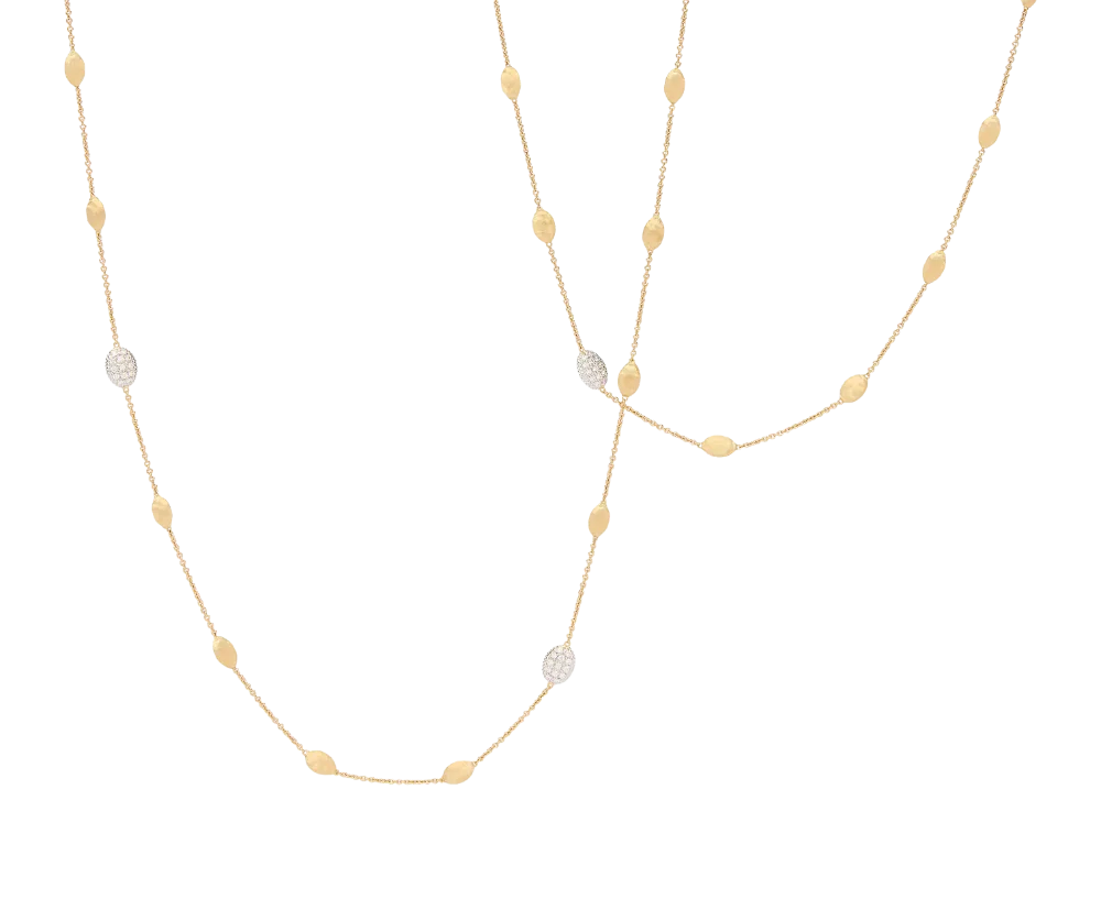 MARCO BICEGO SIVIGLIA 18K YELLOW AND WHITE GOLD 36 INCH SMALL BEAN LONG NECKLACE WITH DIAMOND ACCENTS 0.52TW