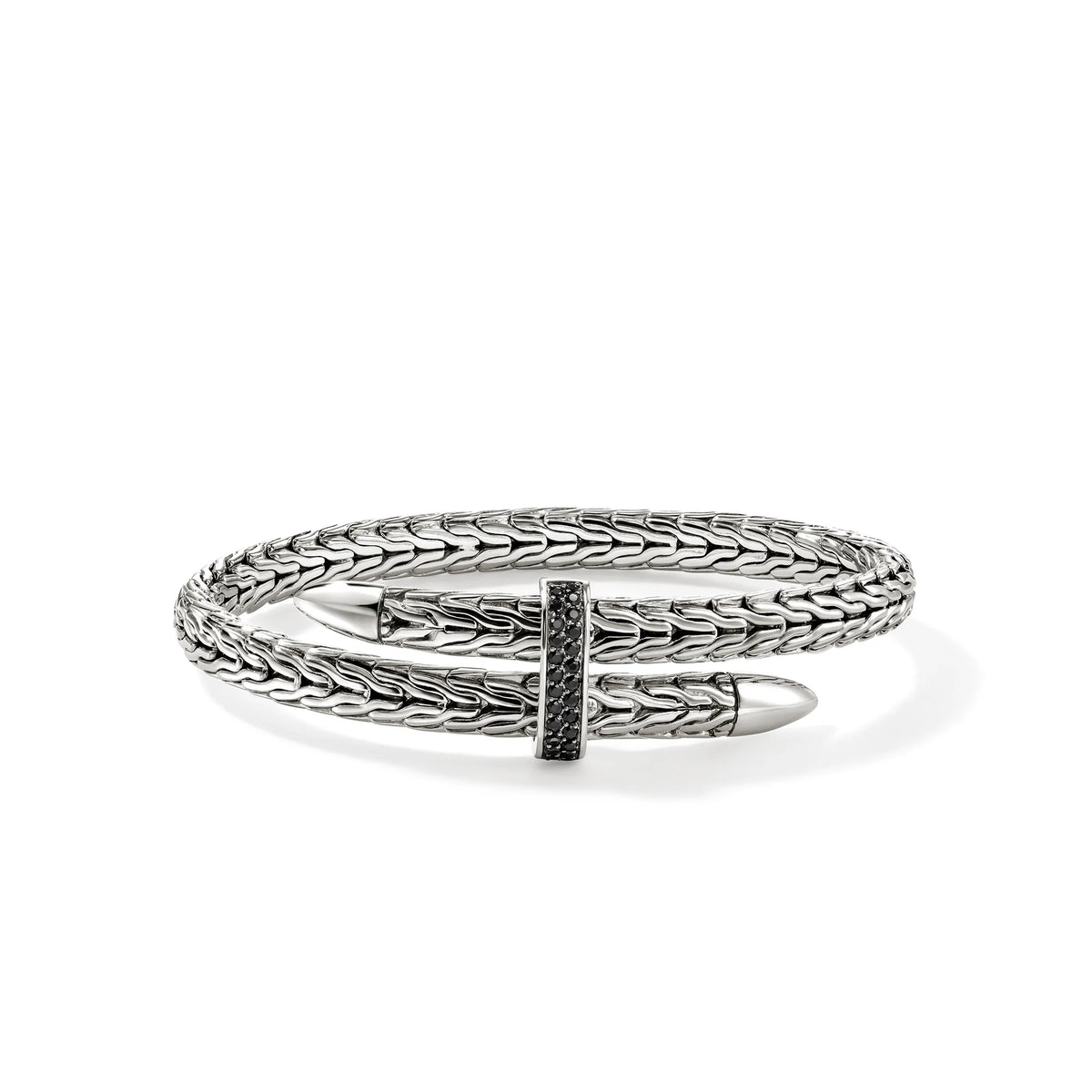 JOHN HARDY SPEAR SILVER BYPASS 5.5MM FLEX CUFF BANGLE WITH BLACK SAPPHIRES; SIZE MEDIUM.