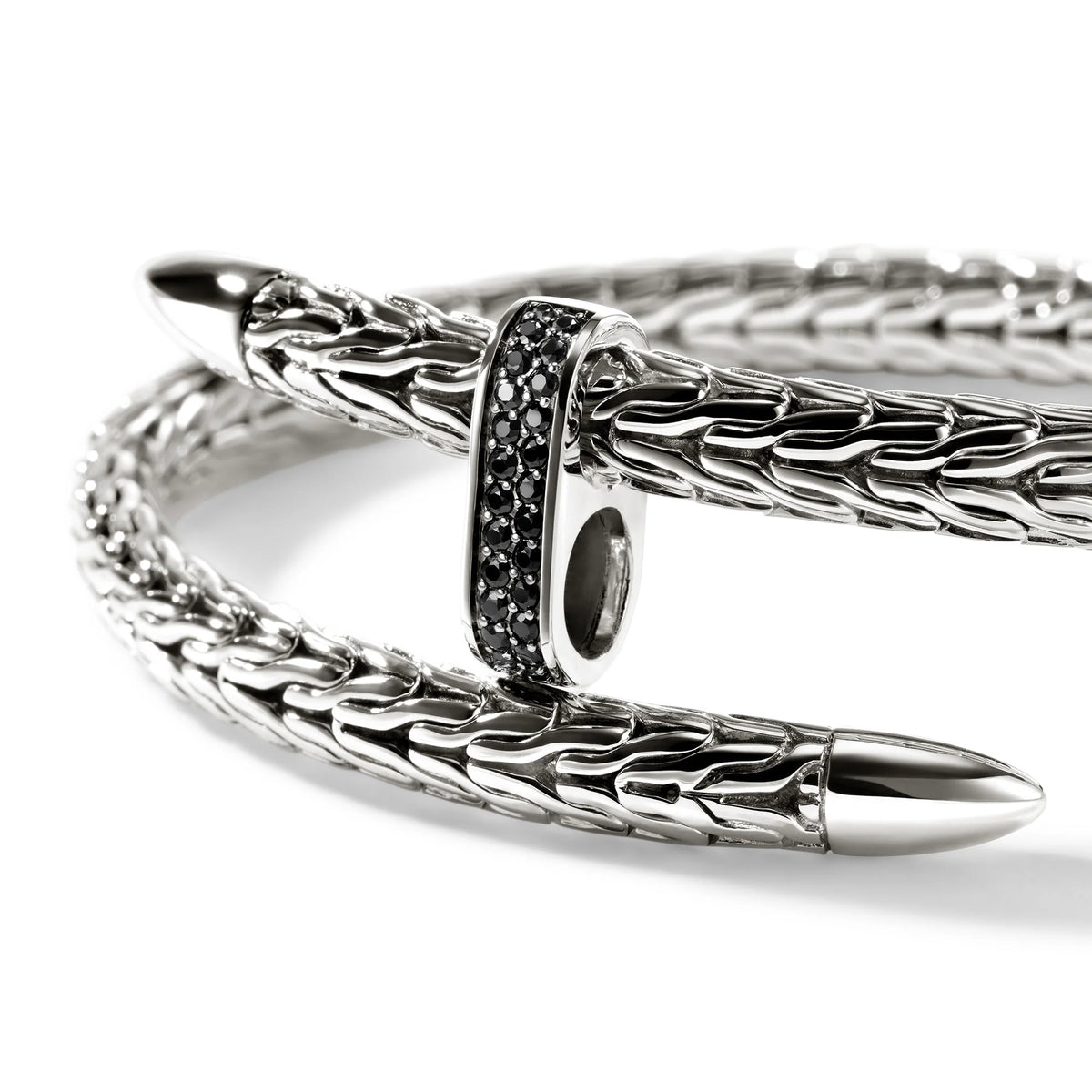 JOHN HARDY SPEAR SILVER BYPASS 5.5MM FLEX CUFF BANGLE WITH BLACK SAPPHIRES; SIZE MEDIUM.