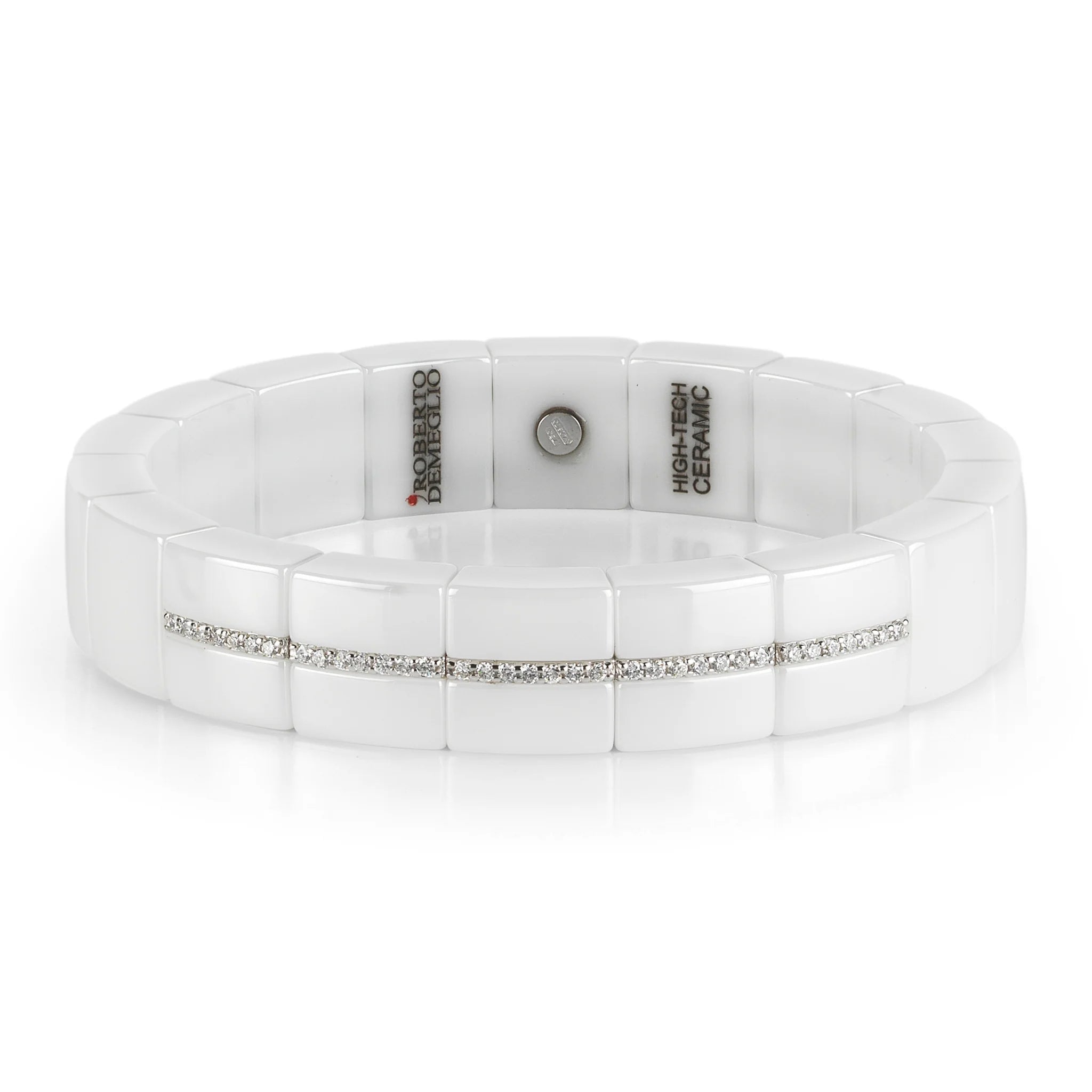 ROBERTO DEMEGLIO SQUARE WHITE CERAMIC STRETCH BRACELET WITH 5 DIAMOND BARS