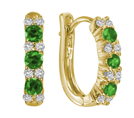 MAX STRAUSS 14K YELLOW GOLD HOOP EARRINGS NATURAL GREEN EMERALDS 0.60 TW, NATURAL DIAMONDS 025 TW GH/SI