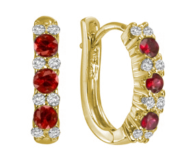 MAX STRAUSS 14K YELLOW GOLD HOOP EARRINGS SET WITH NATURAL DIAMONDS 0.25 TW GH/SI AND RUBIES 0.75 TW.