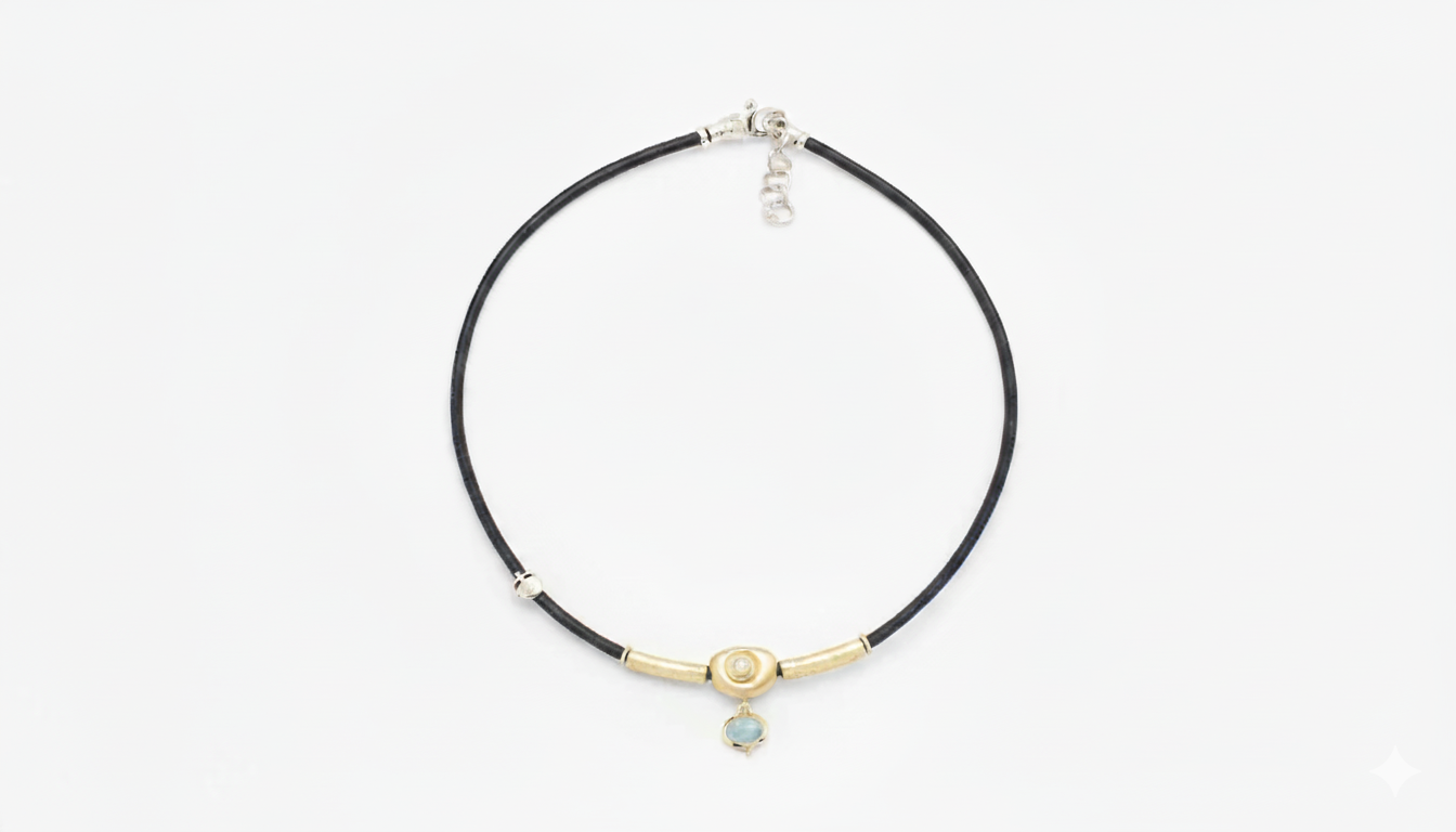 LEATHER NECKLACE WITH 18K GOLD NUGGET, DIAMOND AND MILKY CABOCHON AQUAMARINE