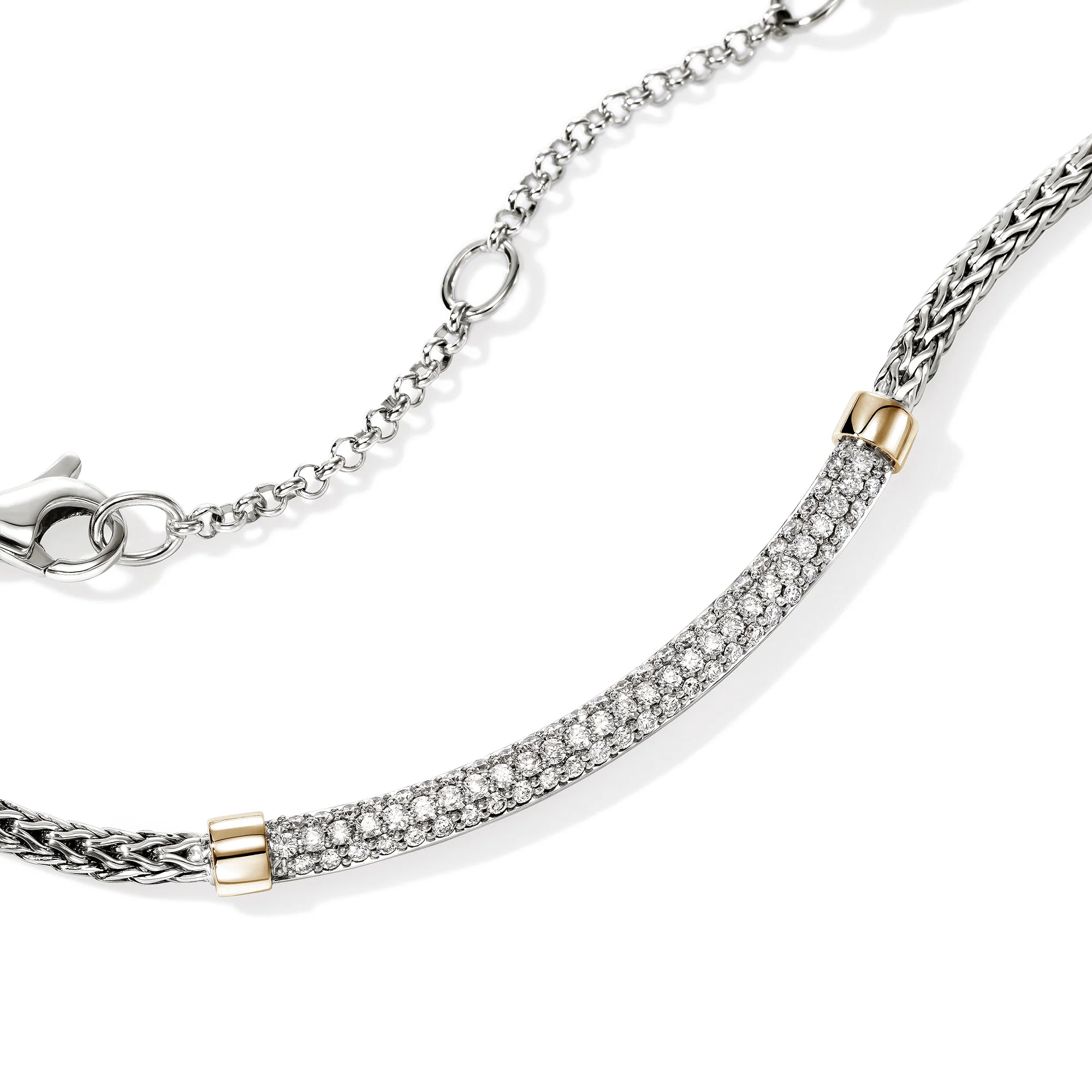 JOHN HARDY ESSENTIAL STERLING SILVER AND 14K YELLOW GOLD PAVE NECKLACE. NATURAL DIAMONDS 0.68CT TW.