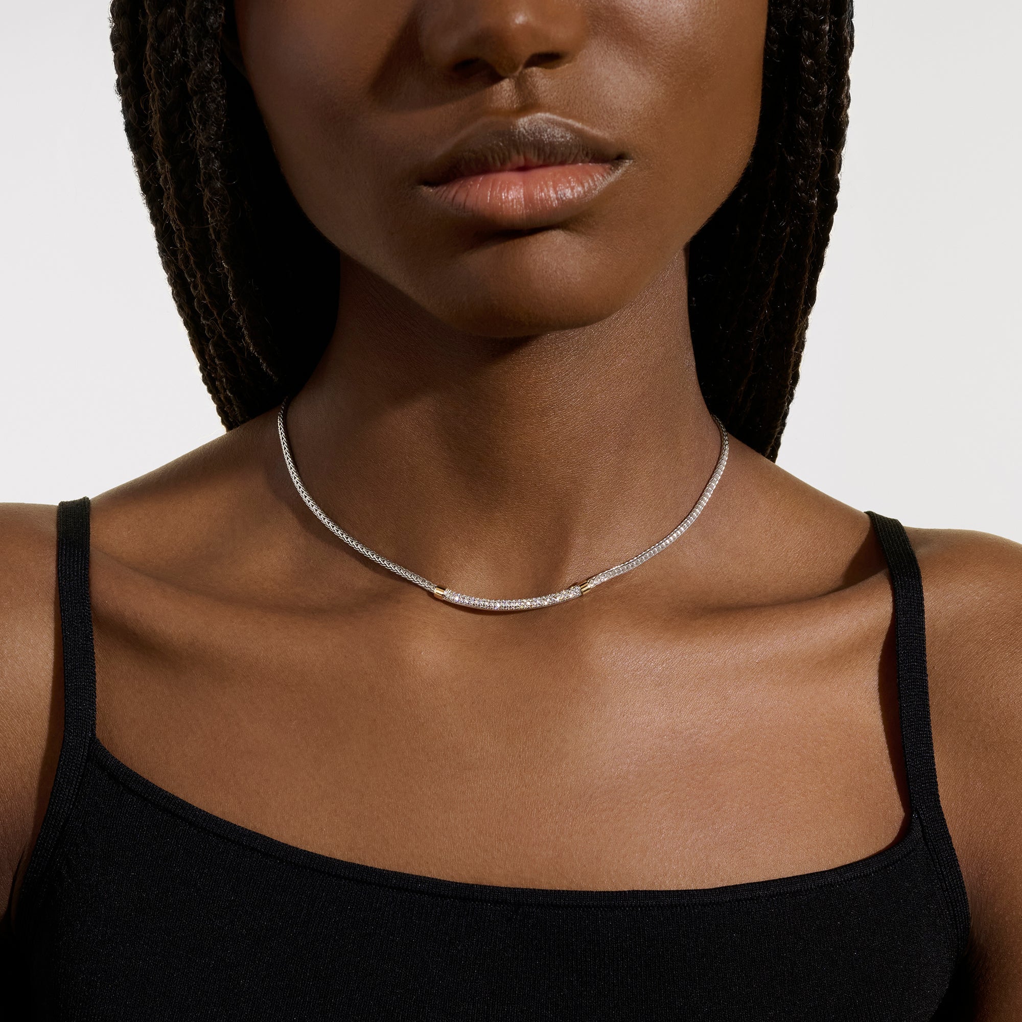 JOHN HARDY ESSENTIAL STERLING SILVER AND 14K YELLOW GOLD PAVE NECKLACE. NATURAL DIAMONDS 0.68CT TW.