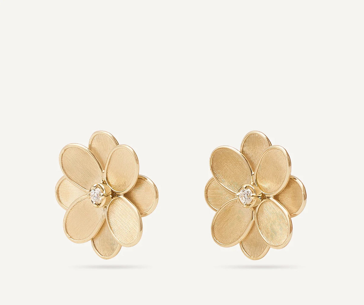 MARCO BICEGO PETALI 18K YELLOW GOLD FLOWER EARRINGS SET WITH A ROUND DIAMONDS 0.19TW