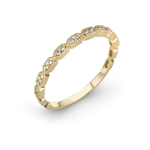 MAX STRAUSS 14K YELLOW GOLD STACKING WEDDING BAND WITH MILLED EDGE AND DIAMONDS (GH/SI) MEASURING 0.10 TOTAL CARAT WEIGHT. ALSO AVAILABLE IN WHITE AND ROSE GOLD