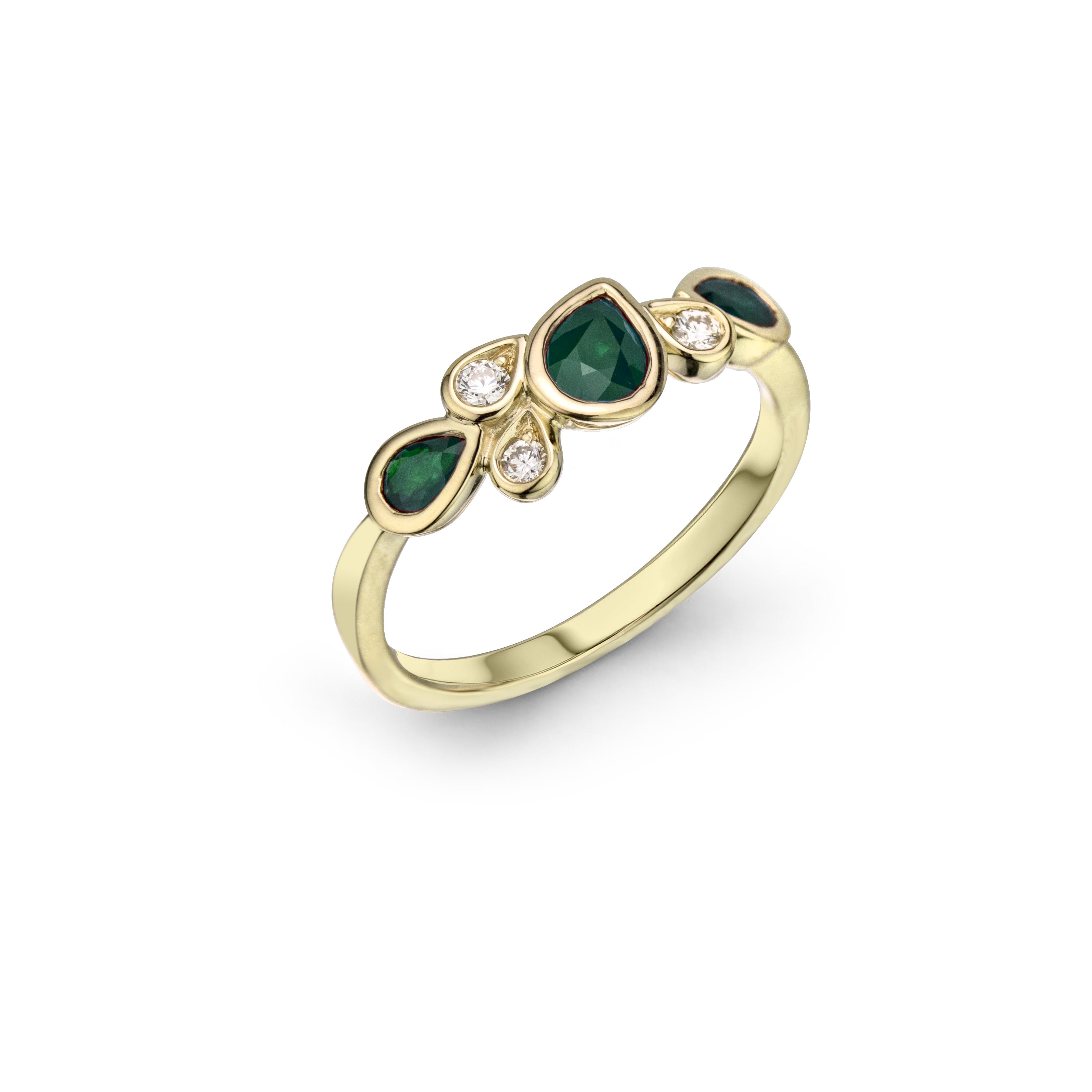 MAX STRAUSS 14K YELLOW GOLD NATURAL DIAMOND 0.08 TW GH/SI AND GREEN EMERALD 0.54 TW RING.