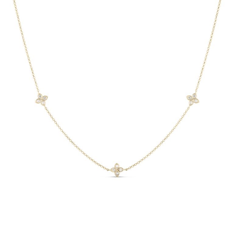 ROBERTO COIN 18K YELLOW GOLD LOVE BY THE INCH 3 STATION DIAMOND NECKLACE WITH DIAMONDS MEASURING 0.13 TOTAL CARAT WEIGHT