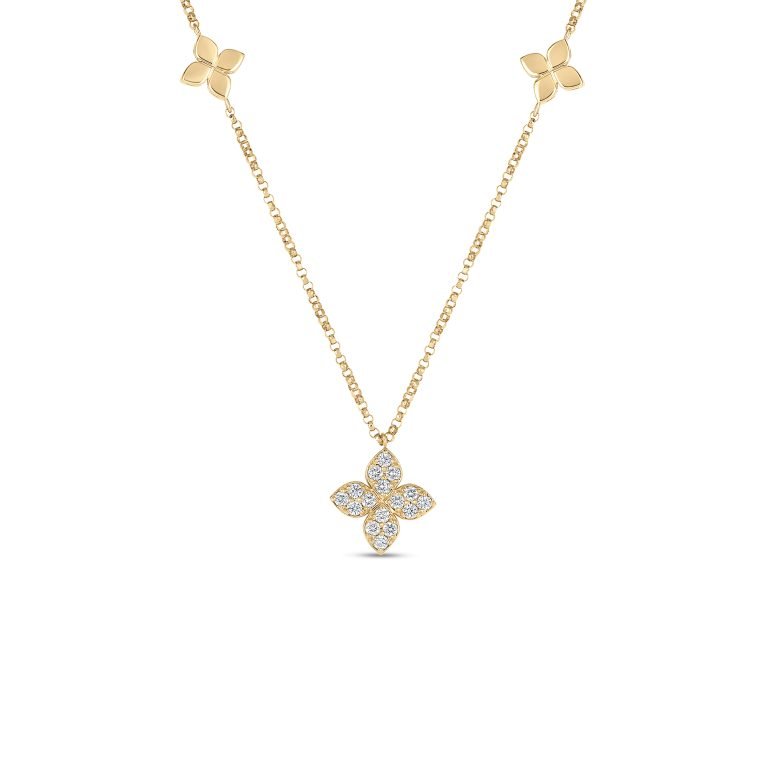 18K YELLOW GOLD LOVE BY THE INCH DIAMOND & POLISHED FLOWER STATION NECKLACE