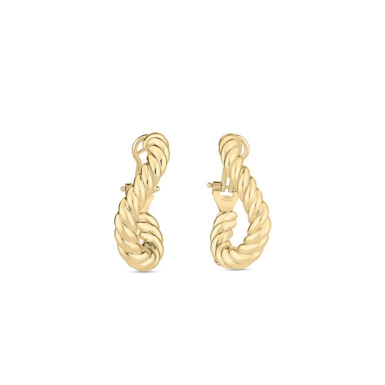 18K YELLOW DESIGNER GOLD TWISTED HINGE BACK HOOP EARRINGS