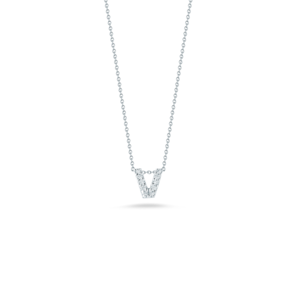 ROBERTO COIN 18K WHITE GOLD TINY TREASURES DIAMOND LOVE LETTER “V” NECKLACE