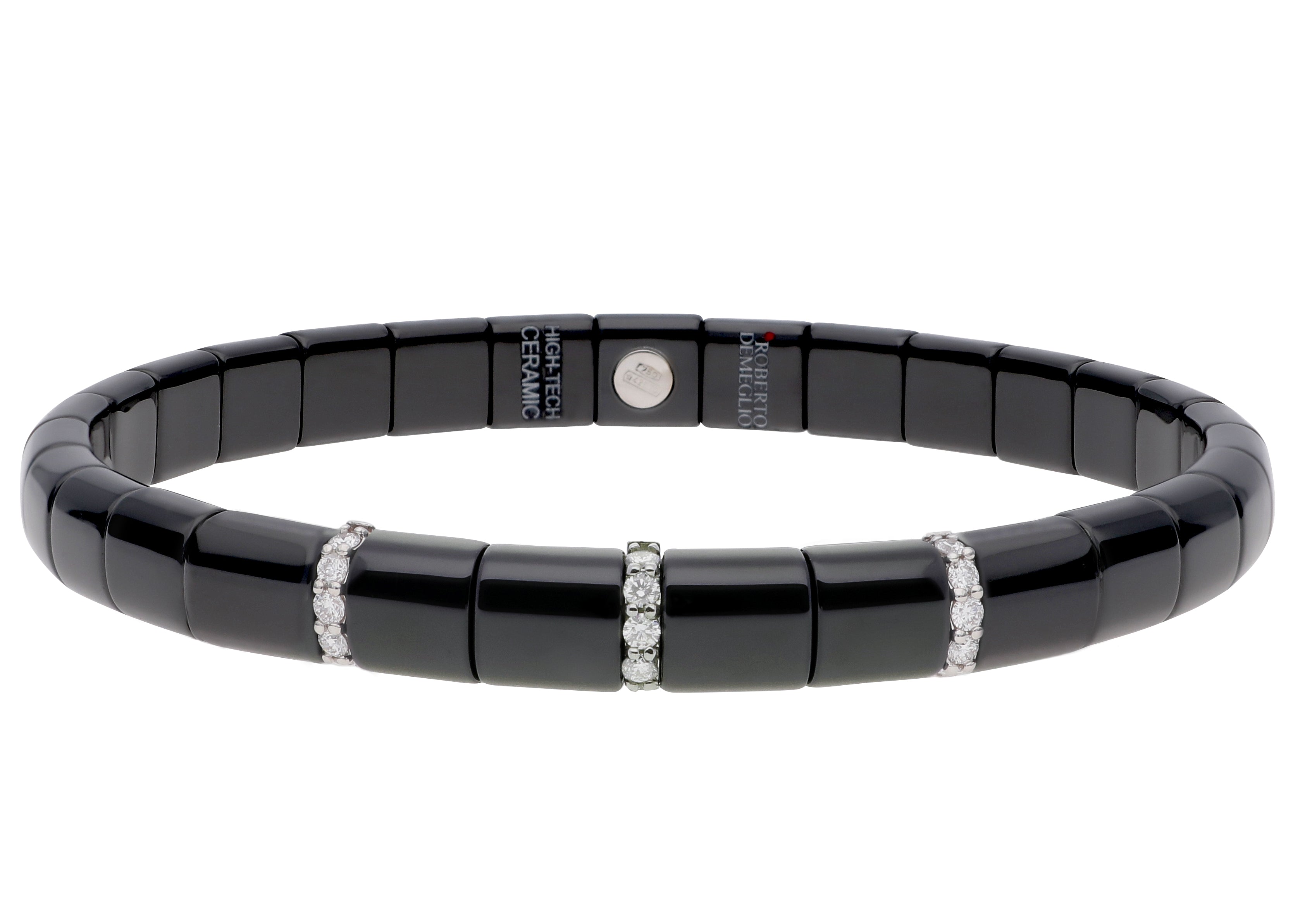 ROBERTO DEMEGLIO BLACK CERAMIC POLISHED FINISH CERAMIC BRACELET HAVING THREE 18K WHITE GOLD DIAMOND ACCENTED STATIONS,0.22TW