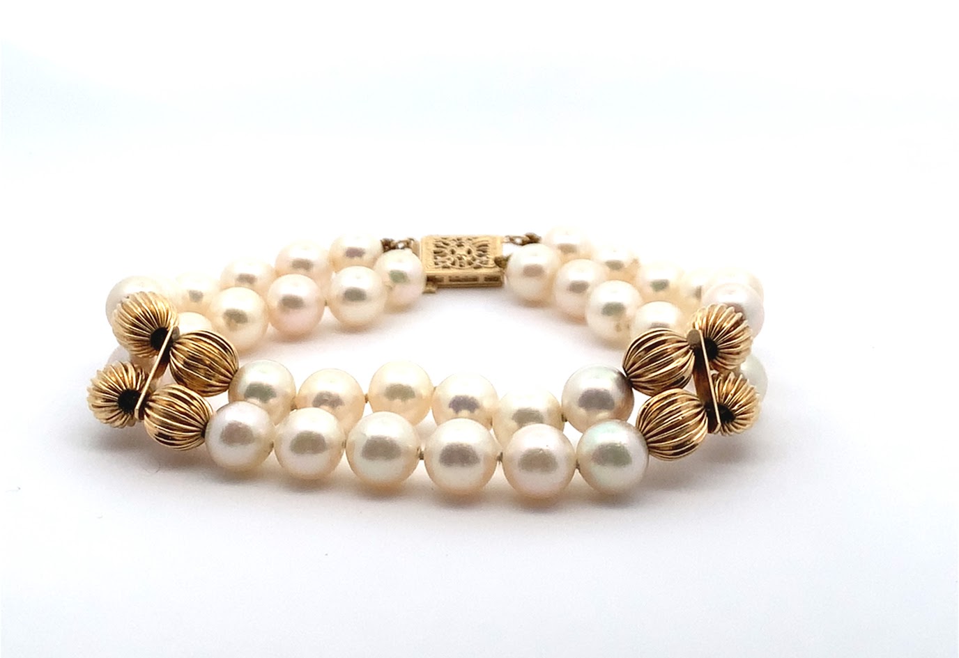 DOUBLE STRAND BRACELET WITH 7-7.5MM AKOYA PEARLS /14K YELLOW GOLD ROUND FLUTED BALL ACCENTS
