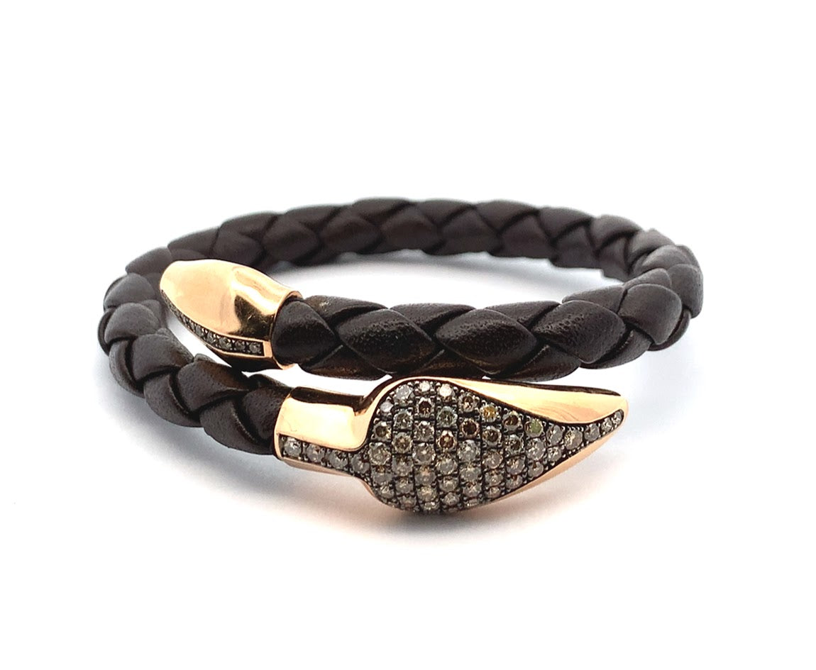ESTATE COLLECTION: 18K ROSE GOLD BROWN LEATHER BRACELET WITH TWO DIAMOND PAVE STATIONS 1.50 CT ROUND BROWN BRILLIANT DIAMONDS - REPLACEMENT VALUE $6100.00