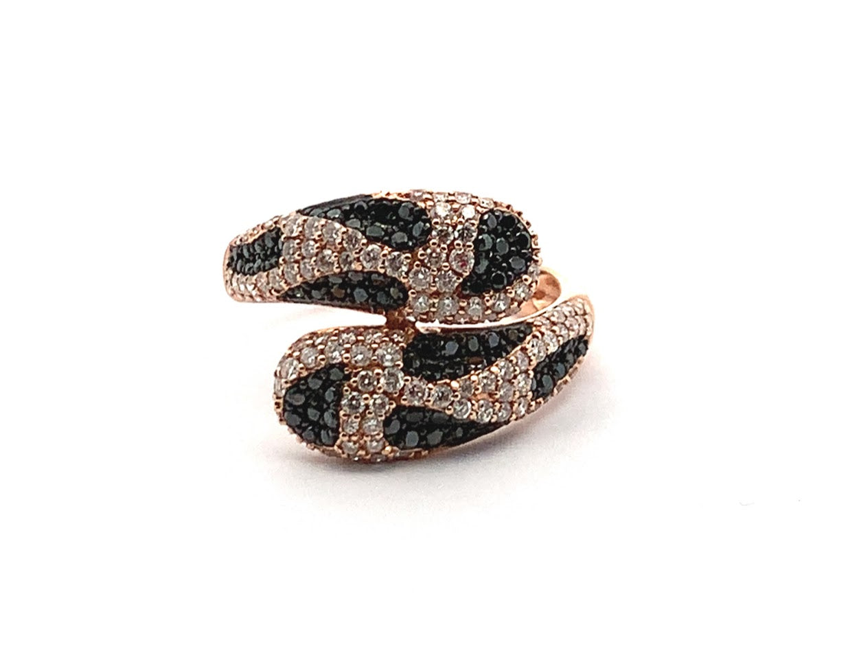 ESTATE COLLECTION: 14K ROSE GOLD ASYMETRIC STYLE RING, SET WITH PAVE WHITE AND BLACK DIAMONDS 1.33 CARATS - REPLACEMENT VALUE $3150.00