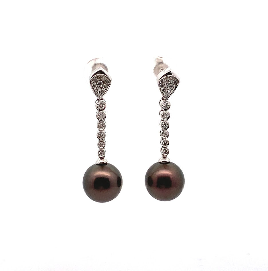 ESTATE COLLECTION: 18K WHITE GOLD DIAMOND 0.35CT PEARL DROP EARRINGS WITH A 10.5MM BLACK TAHITIAN ROUND PEARL - REPLACEMENT VALUE: $4200.00