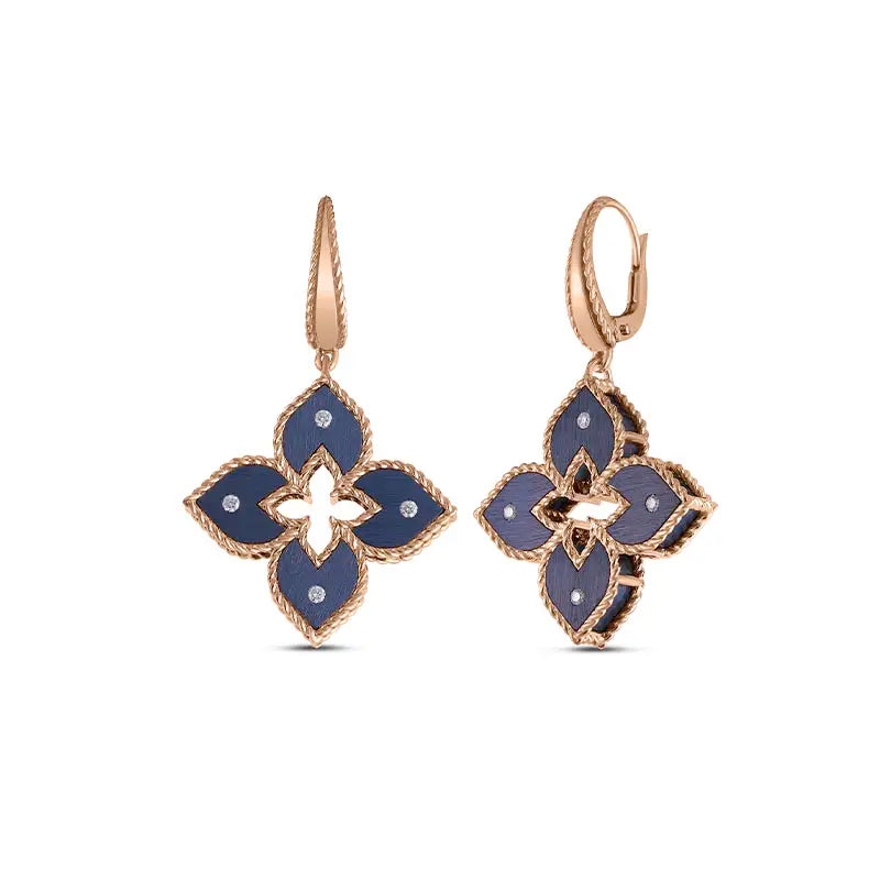 Roberto Coin 18K Rose Gold Venetian Princess Small Blue Titanium and Diamond Flower Earrings