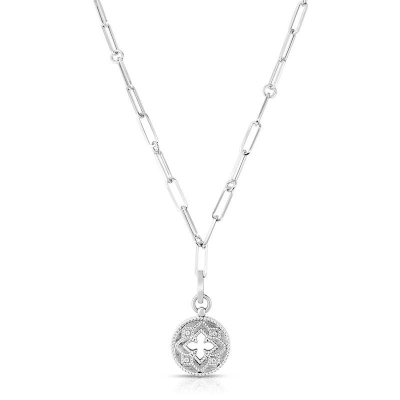 Roberto Coin 18K White Gold Venetian Princess Small Medallion with Cutout Necklace 0.08TW