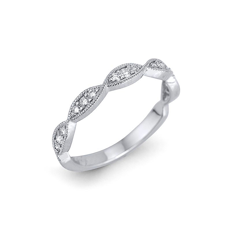 Max Strauss 14K White Gold Sculptured Diamond Band with Milgrain and Diamonds (GH/SI) Measuring 0.18 Total Carat Weight. Also available in yellow gold