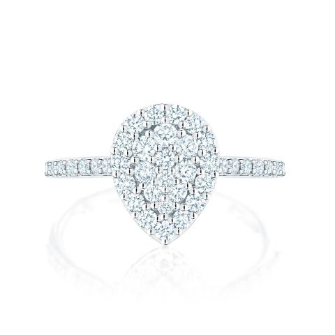 BIRKS STARRY NIGHT 18K WHITE GOLD PEAR SHAPED DIAMOND CLUSTER RING WITH SINGLE HALO 0.60 TOTAL CARAT WEIGHT