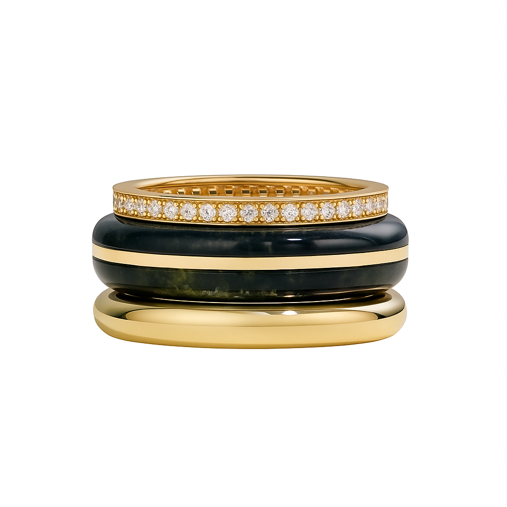 PARIAH KALAHARI RING STACK. 14K RECYCLED YELLOW GOLD, NATURAL CHAMPAGNE DIAMONDS (1.15 TW), AND GREEN MOSS AGATE