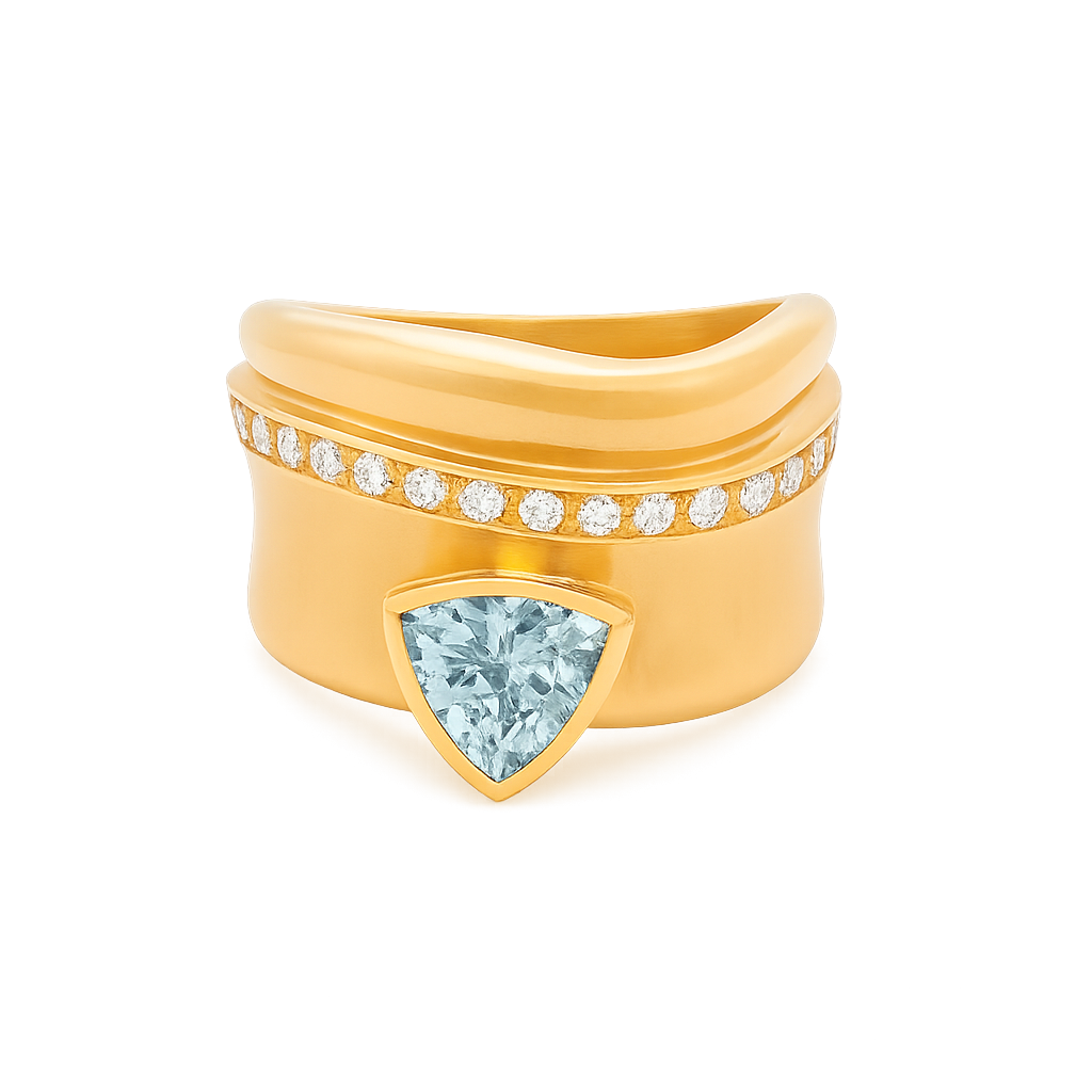 18K GOLD BAND WITH AQUAMARINE AND DIAMONDS