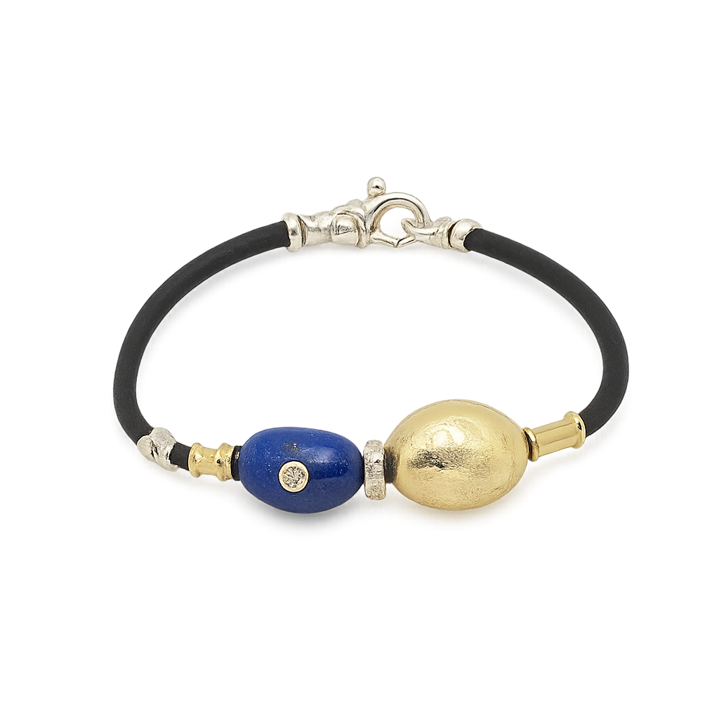 3MM LEATHER BRACELET WITH HANDMADE GOLD ELEMENTS, LAPIS AND DIAMONDS