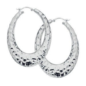 CARLA STERLING SILVER LARGE HAMMERED OVAL FLAT HOOP EARRINGS