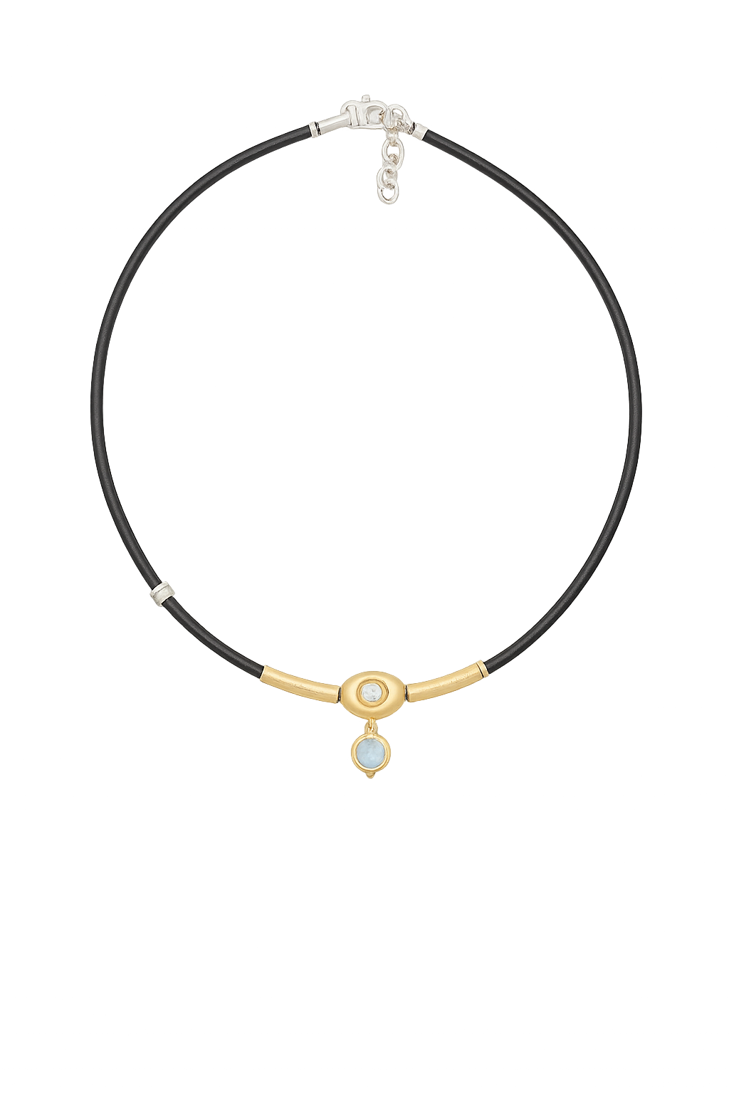 LEATHER NECKLACE WITH 18K GOLD NUGGET, DIAMOND AND MILKY CABOCHON AQUAMARINE
