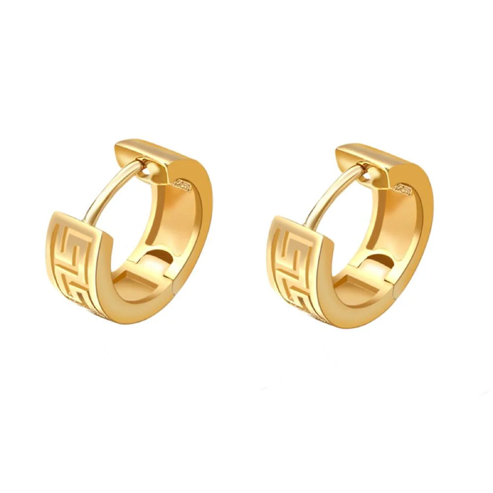 14K YELLOW GOLD GREEK KEYS PATTERN HINGED HUGGIE HOOP EARRINGS.