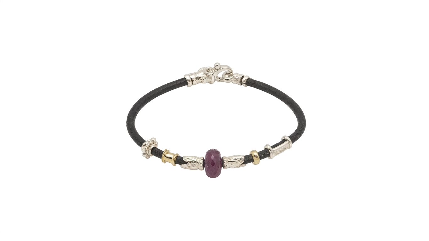 MISANI 3MM LEATHER BRACELET WITH HANDMADE 18K YELLOW GOLD ELEMENTS, SILVER AND RUBY AMAZONITE