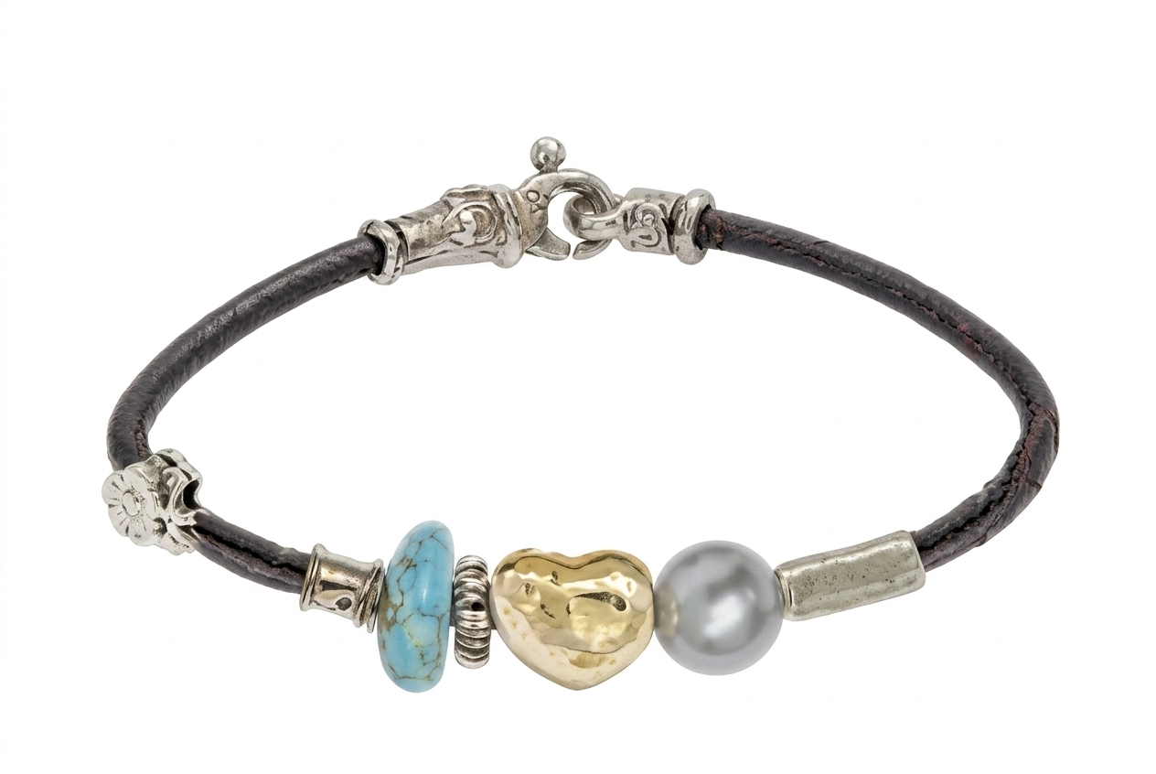 MISANI 3MM LEATHER BRACELET WITH HANDMADE 18K YELLOW GOLD ELEMENTS, SILVER AND TURQUOISE AND FRESH WATER PEARL