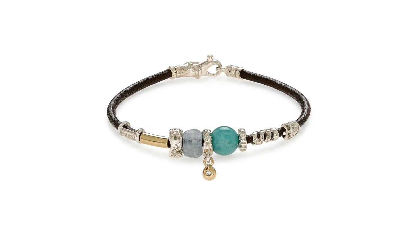 MISANI 3MM LEATHER BRACELET WITH HANDMADE 18K YELLOW GOLD ELEMENTS, SILVER AND AMAZONITE, RUBY, LAVENDER AMETHYST