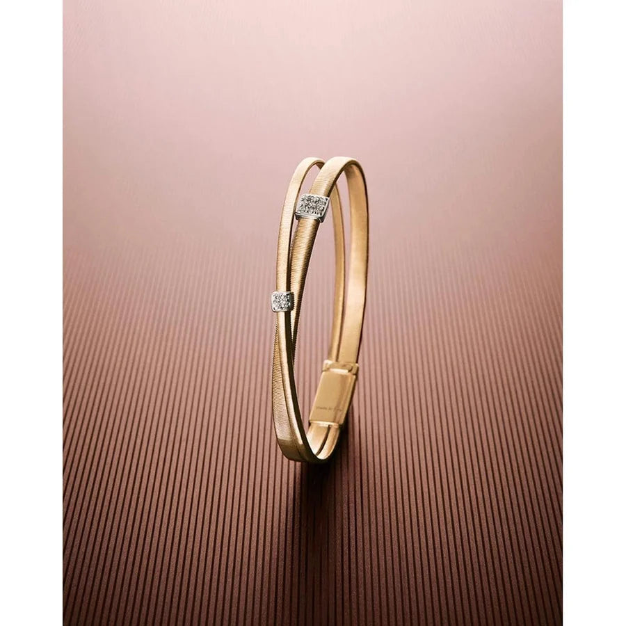 MARCO BICEGO MASAI 18K YELLOW GOLD DOUBLE STRAND BRACELET WITH TWO PAVE DIAMOND STATIONS 0.10 TW