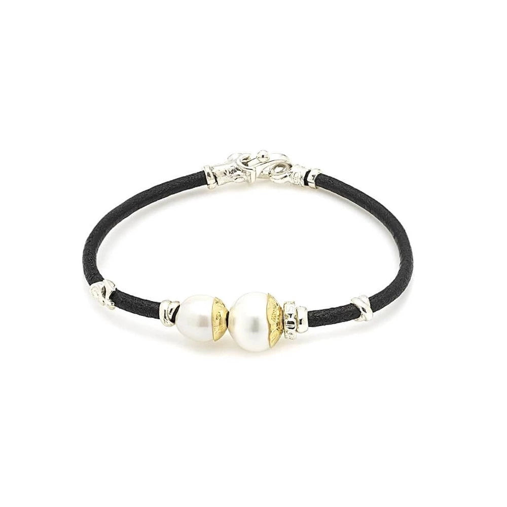 MISANI 3MM LEATHER BRACELET WITH HANDMADE 18K GOLD AND SILVER ELEMENTS, NATURAL WHITE FRESH WATER PEARL, FINISHED WITH A SILVER LOBSTER CLASP