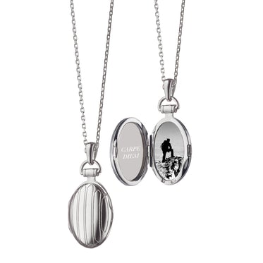 MONICA RICH KOSANN STERLING SILVER PETITE OVAL LOCKET WITH ENGRAVED-LINE PINSTRIPES WITH TWO PHOTO SLIDE INS AND 30 INCH CHAIN